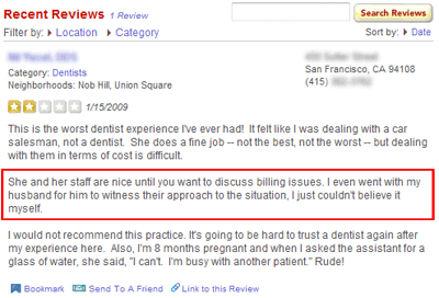 (Fake dentist review on Yelp)