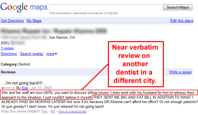 (Same fake review made it to Google local under Dentist's name!)